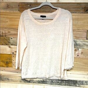 J.Crew Size Medium Cream Color Lightweight with Pom-Pom Hem Crewneck Sweater